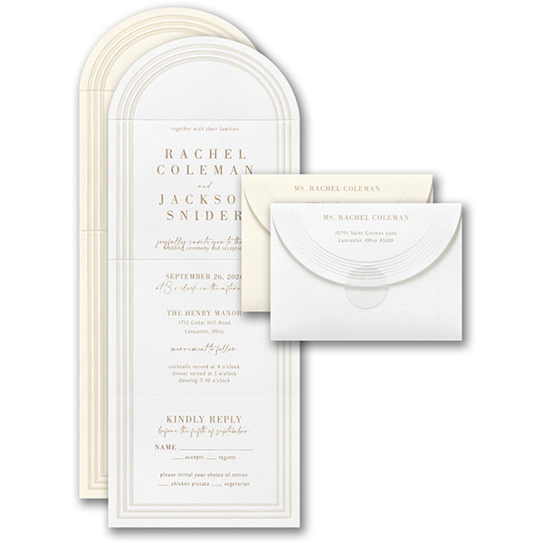 An arch-shaped, non-traditional wedding invitation with pearl embossed borders.