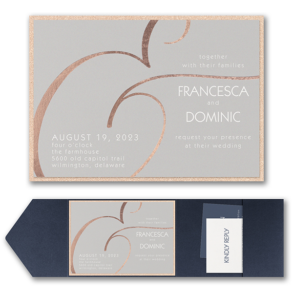 An oversized ampersand in rose gold foil wraps elegantly around the wording on this non-traditional wedding invitation.