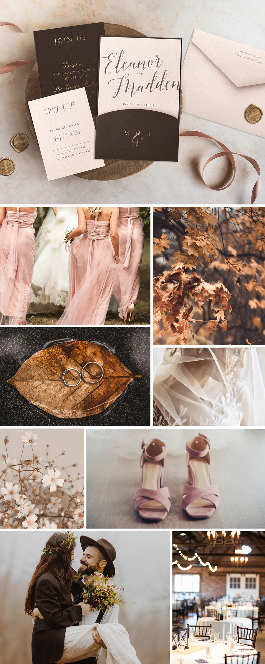 Collage of fall wedding images like a wedding invitation, blush heels, bride and groom, falls leaves and more.