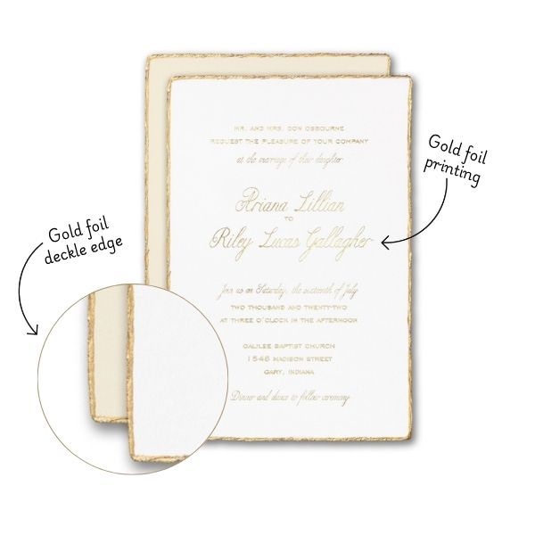 A wedding invitation with gold foil printing and gold feather deckle edges. 