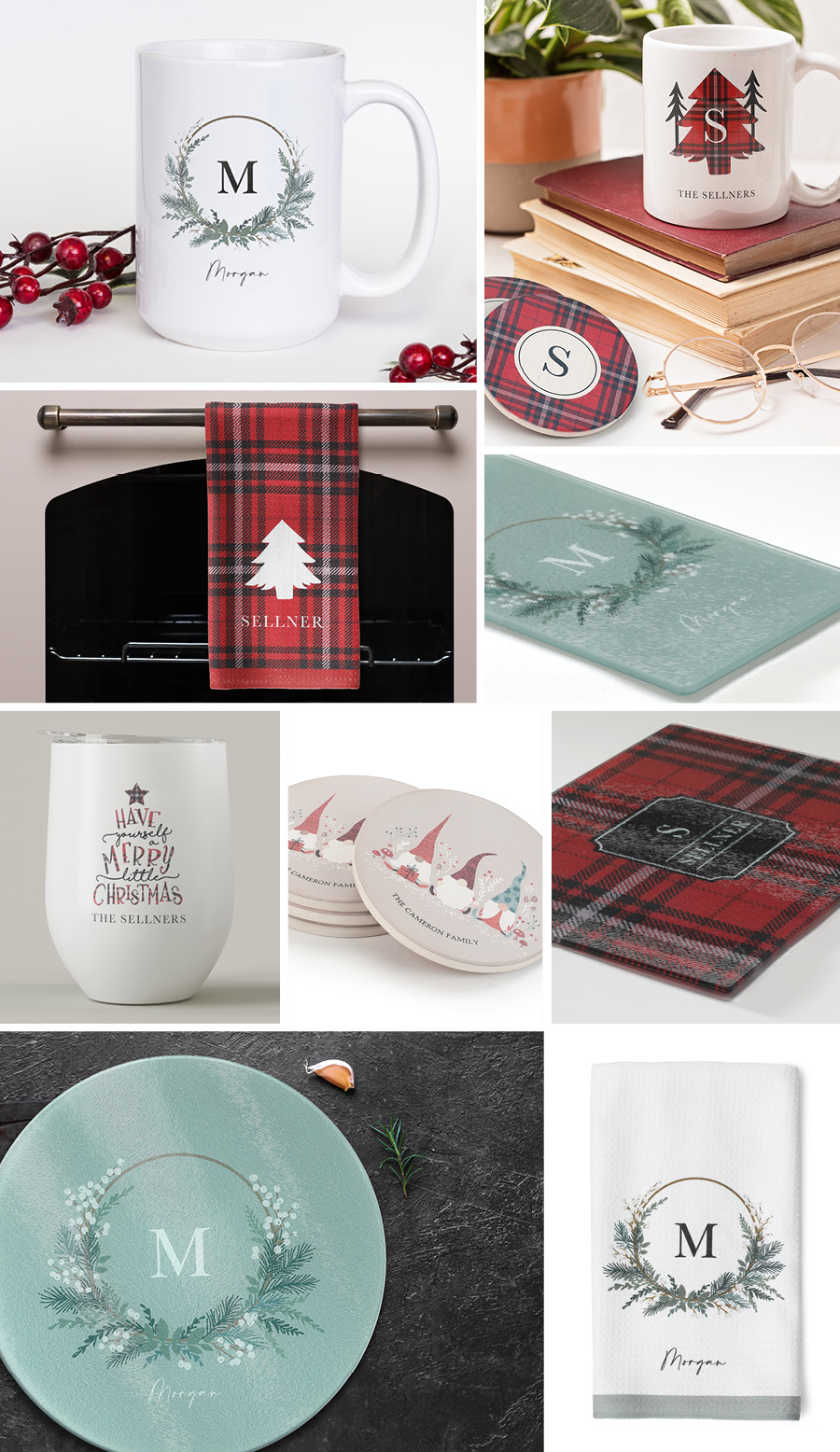 Collage of images of personalized gifts like cutting boards, towels, and mugs. 