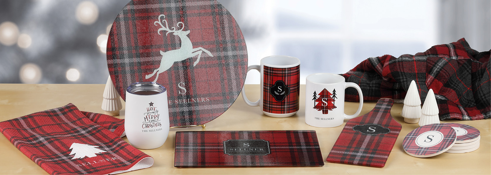 Matching set of personalized gifts like cutting boards, coasters and mugs. 