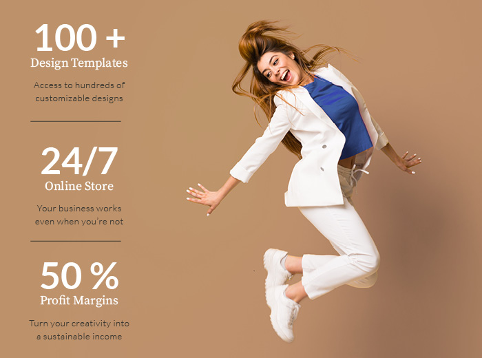 Young woman jumping in excitement with numbers showing like product count, 50% profit margin, and 24/7 shopping.